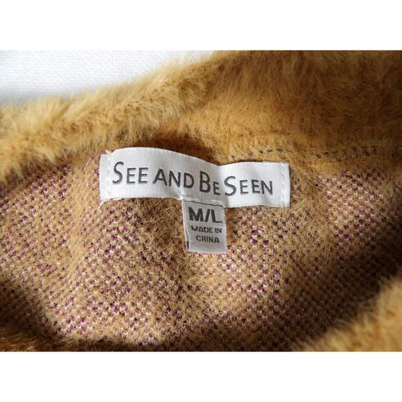 See And Be Seen Fuzzy Sweater M/L Brown Flower Abstract Artsy Pullover Soft - Picture 2 of 12